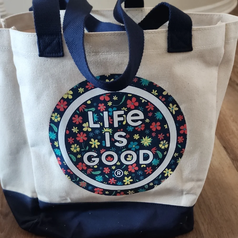 Life Is Good Cream and Navy Canvas Tote Bag - Picture 1 of 8